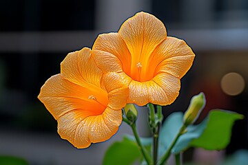 Two Vibrant Yellow Orange Flowers with Textured Petals and Green Leaves