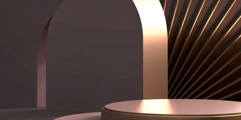 Elegant product display with a sophisticated rose gold and dark brown podium, arched niches, and sunburst-inspired backdrop creating a luxurious and calm atmosphere.