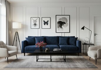Fototapeta premium A living room featuring a blue sofa, artwork, and neutral armchairs in a well decorated space