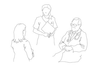 医者と看護師と患者　診察室で診断　ラインアート・線描き　手描き　イラスト素材セット背景透過