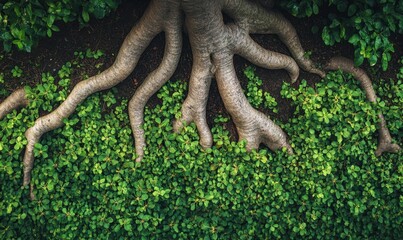 Fototapeta premium Tree roots, lush green groundcover, garden, nature, environmental design