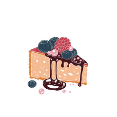 Piece of cake with berry and chocolate. Isolated, in vector technique. Sweet vector cake 