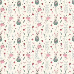 Easter seamless pattern with cute bunny, eggs and wild pink flowers, in retro style