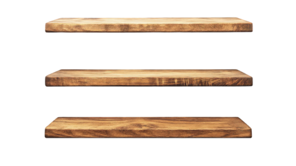 Three empty wooden floating shelves isolated on transparent background
