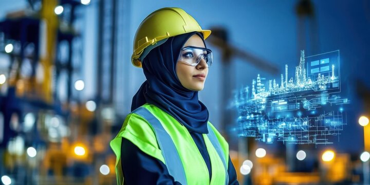 Female engineer in safety gear observing digital data overlay at a construction site at night - Powered by Adobe