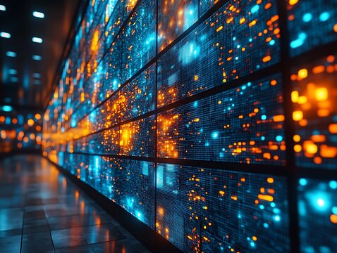 A futuristic data center displaying digital lights and networked technology