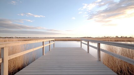 Obraz premium Serene wooden pier extends into tranquil waters under a vast sky at sunset, surrounded by natural beauty.