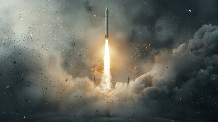 Powerful Rocket Launch Amidst Stormy Clouds