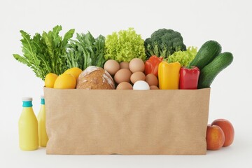 Fresh assortment of vegetables, fruits, and eggs in a basket on a clean background