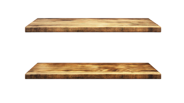 Two empty wooden floating shelves isolated on transparent background