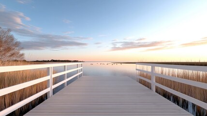 Obraz premium Serene wooden pier over tranquil water with golden reeds, under a vast sky at sunset, offering peaceful scenic beauty.
