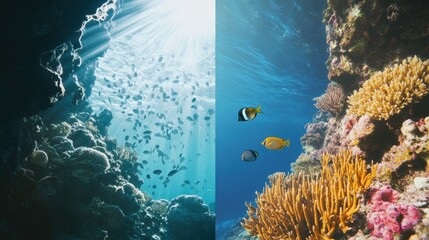 Fototapeta premium Stunning Split View of Vibrant Coral Reef and Sunlit Underwater Scene