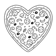 Cute Heart-Shaped Pizza Doodle - Black and White Illustration 2