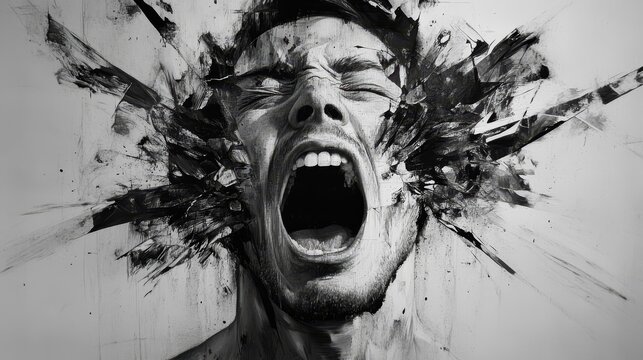 Man screams with exploding head in black and white.