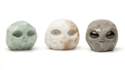 Three Unique Alien-Inspired Decorative Stones on a White Background