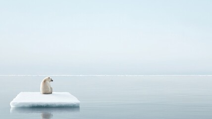 Fototapeta premium Solitary polar bear sits on drifting ice in serene Arctic landscape, evoking climate change awareness.