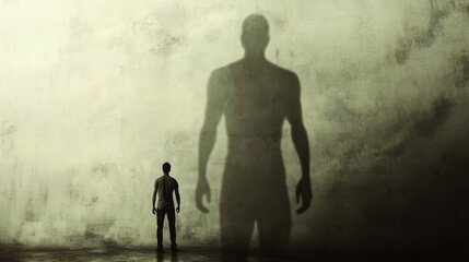 Obraz premium Silhouette of small person facing giant figure in smoky background.