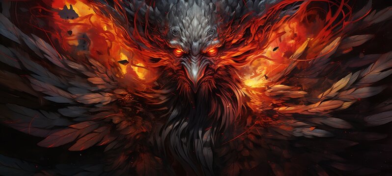 abstrak mozaic color of Tengu angel ifrit in drakness fire, ai generative