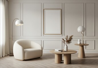 Fototapeta premium A modern living room with a white armchair, two tables, and a blank picture frame on the wall