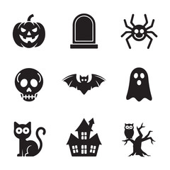 Halloween Icons Set in Simple Black Silhouette Style