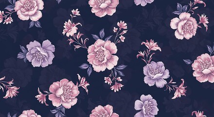 Midnight Bloom: Delicate Pink and Lavender Floral Pattern on Deep Navy Background AI Generated