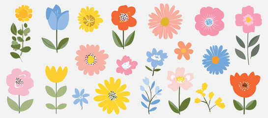 vintage-inspired cute spring flowers sticker set in pastel colors with minimalist hand-drawn vector illustration