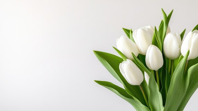 Fresh white tulips bouquet against a light background