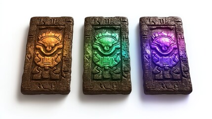 Ancient stone tablets with colorful glowing symbols and designs