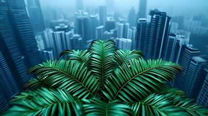 Lush palm fronds framing a hazy cityscape of skyscrapers