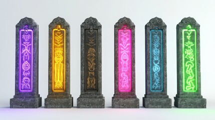 Glowing Stone Pillars with Ancient Symbols and Vibrant Colors