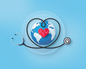 World Health Day Poster with Stethoscope and Blue Heart Globe