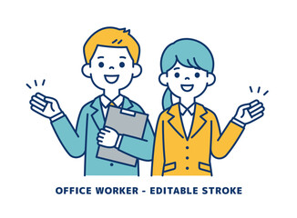 手を添えて案内する、若い男女の会社員のベクターイラスト素材＿＿線の編集可能