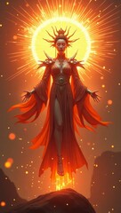 Captivating woman in a flowing red dress bathed in warm sunlight against a stunning surreal background filled with vibrant colors and dynamic visual elements