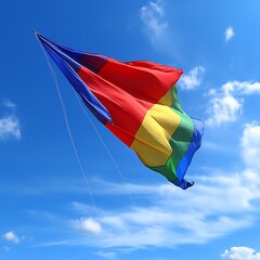 Colorful flag flying in a clear blue sky