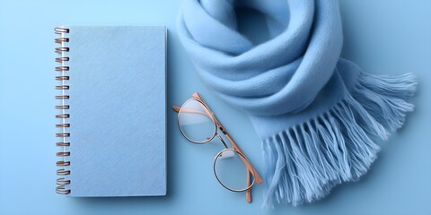 Cozy flat lay of blue scarf, notebook, and glasses