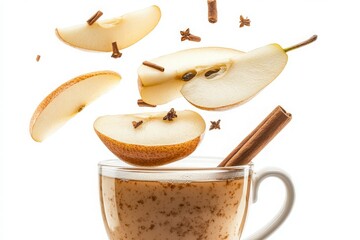 Warm Autumn Spiced Beverage with Delicious Floating Pear Slices, Cinnamon Sticks, and Cloves for a Cozy Seasonal Experience