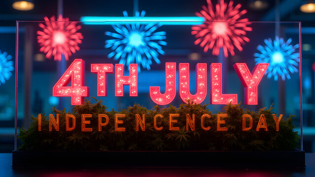 Living cannabis flag in biotech patriotic scene with chromosome typography and glowing plant fireworks.