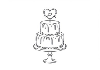 A two tiered cake with dripping icing and a heart shaped topper on a pedestal in a black and white drawing