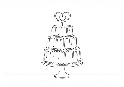 A line art drawing of a three tiered cake with dripping icing and a heart shaped topper on a stand