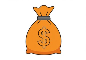 An illustration of an orange money bag with a dollar sign and gray ties on a white background