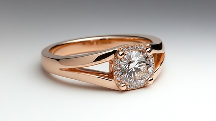 Rose gold split shank ring with pave details and a brilliant diamond centerpiece