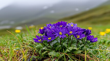 Obraz premium Vibrant Purple Flowers in Lush Green Meadow with Rainy Atmosphere