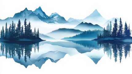Serene Blue Landscape with Mountains and Reflections in Water