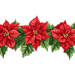 Red poinsettia flowers border isolated transparent png. Flor de Pascua horizontal seamless pattern. Christmas Eve plants hedge. transparent background