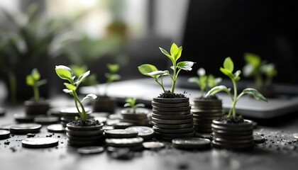 Seedlings Growing on Money Stacks Representing Financial Growth and Investment