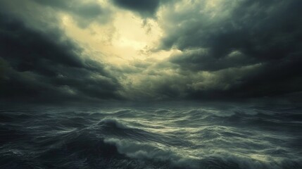 Obraz premium Stormy sea with dark clouds and light breaking through.