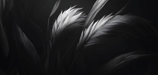 Fototapeta premium Ethereal feather arrangement on a dark background, artistic monochrome