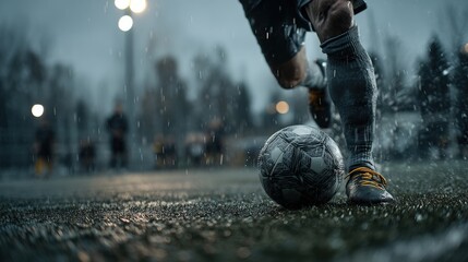 A player kicks a soccer ball on a wet field during a rainy match at dusk.