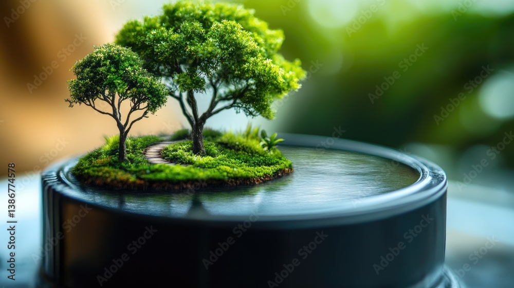 Poster a close-up of a battery with a tiny landscape inside, complete with miniature trees and water, symbo