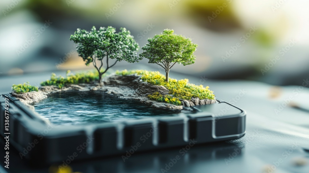 Poster a close-up of a battery with a tiny landscape inside, complete with miniature trees and water, symbo